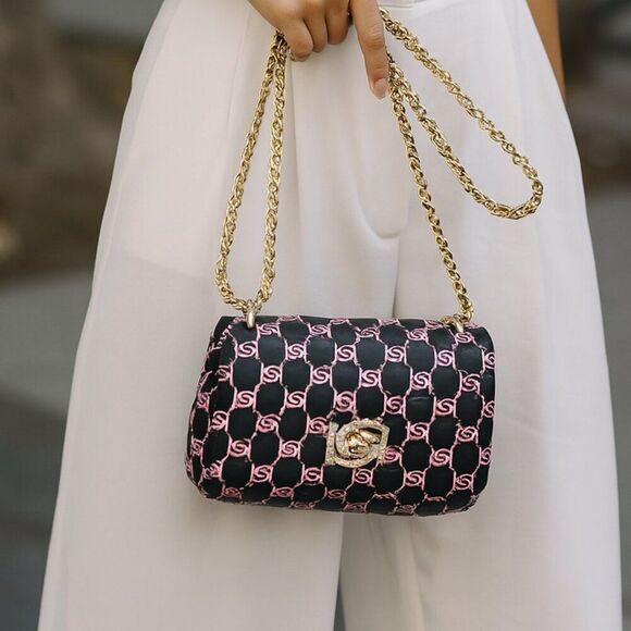 bebe Handbags - Bebe Liv Logo Monogram Crossbody Black Light Pink Gold Chain NWT